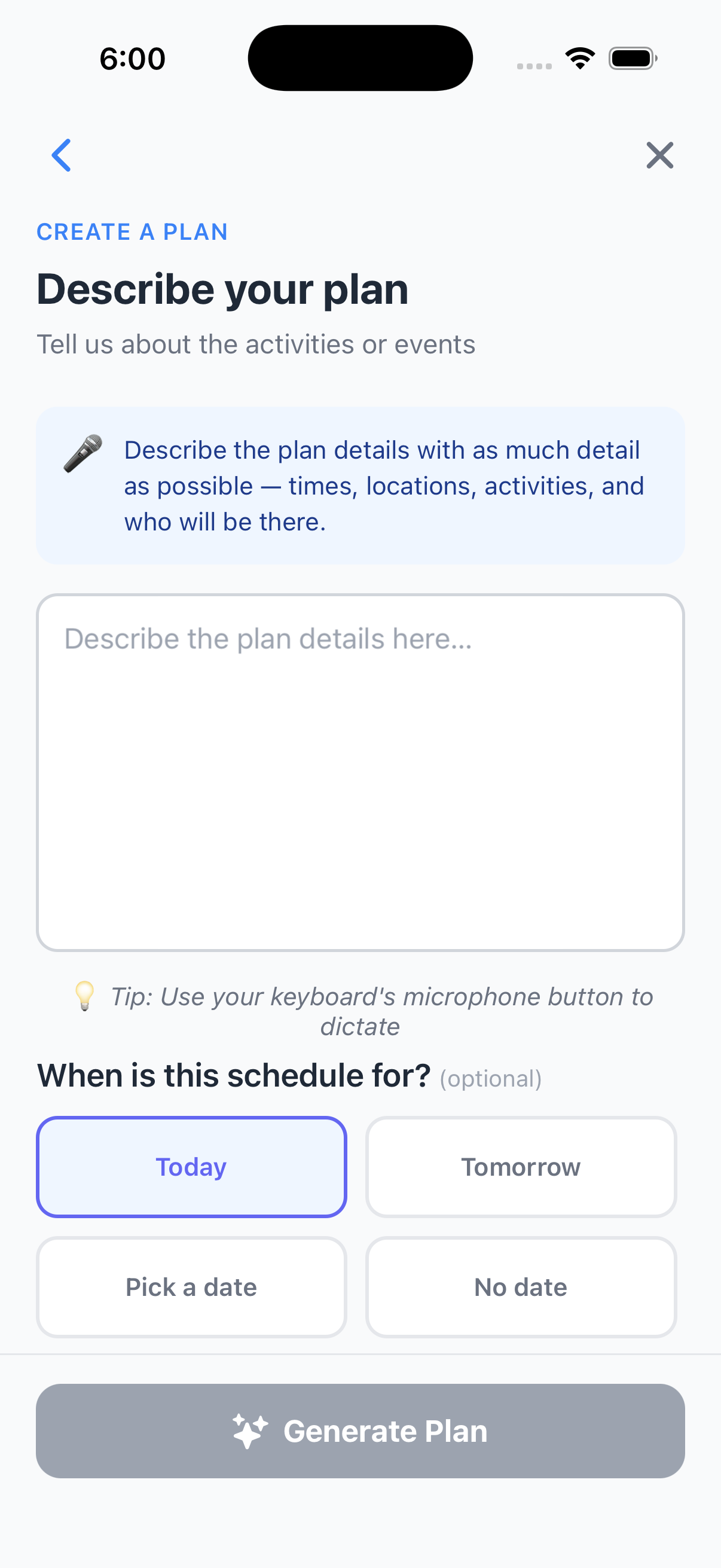 Create a plan input screen