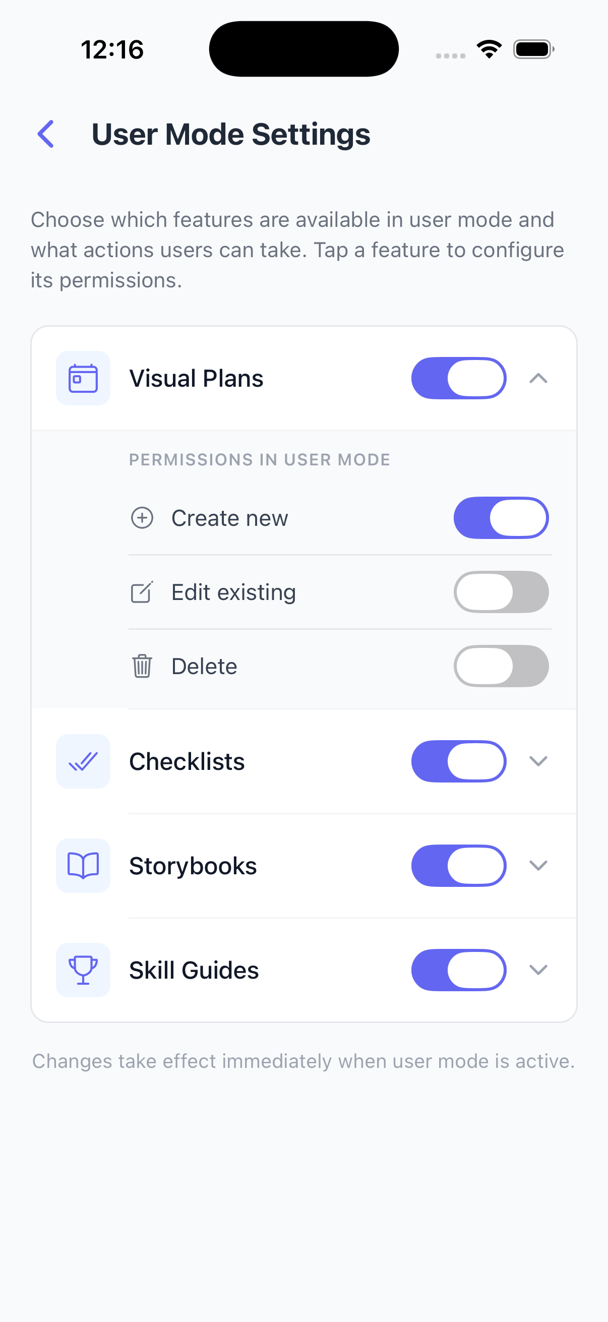 Admin mode — User Mode Settings