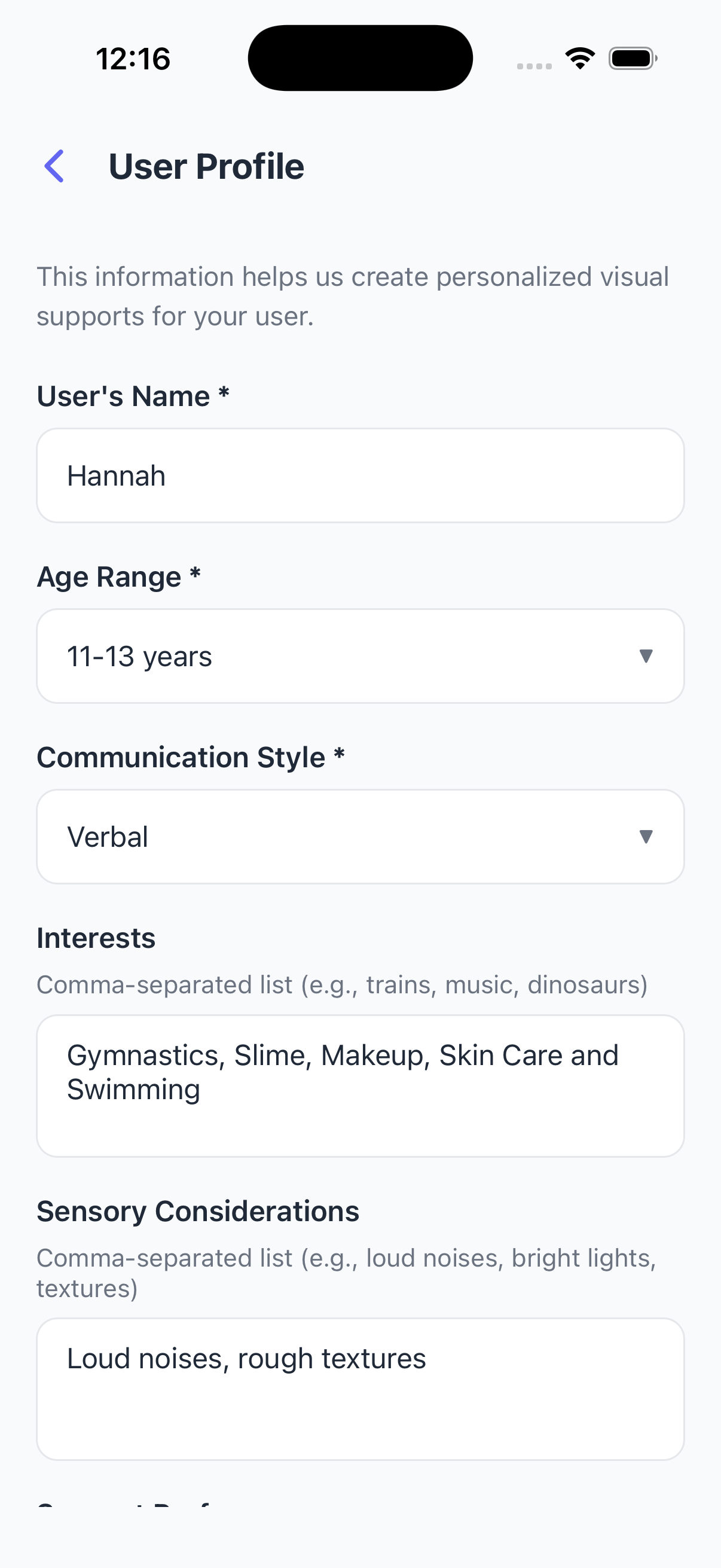Profile setup screen